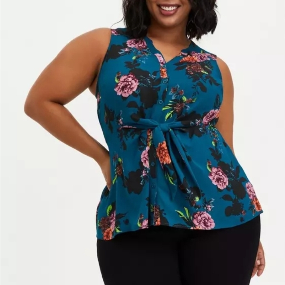 Torrid Teal Floral Sleeveless Blouse